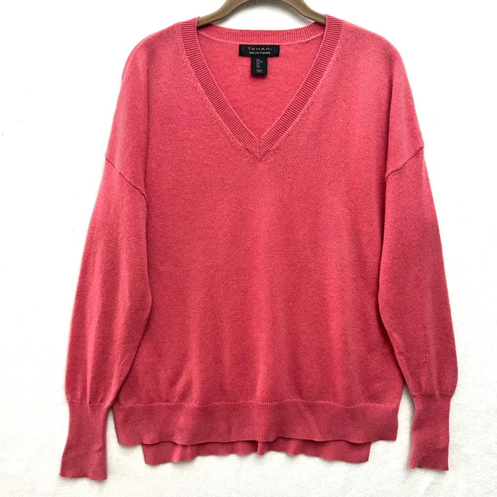 Tahari 100% Cashmere L V-Neck Sweater Pink Coral Oversized Drop Shoulder Large - Picture 2 of 10